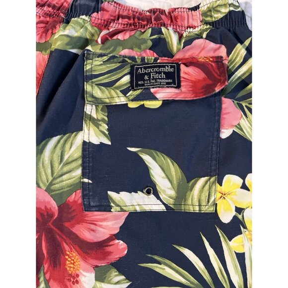 Abercrombie Fitch Mens Swimsuit Medium Navy Pink Floral Hawaiian Board Shorts - Picture 7 of 12
